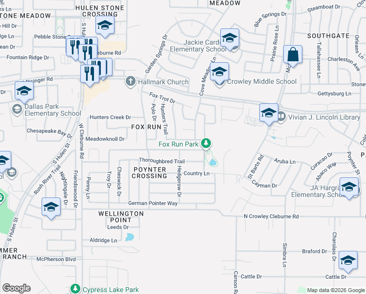 map of restaurants, bars, coffee shops, grocery stores, and more near 3933 Golden Horn Lane in Fort Worth