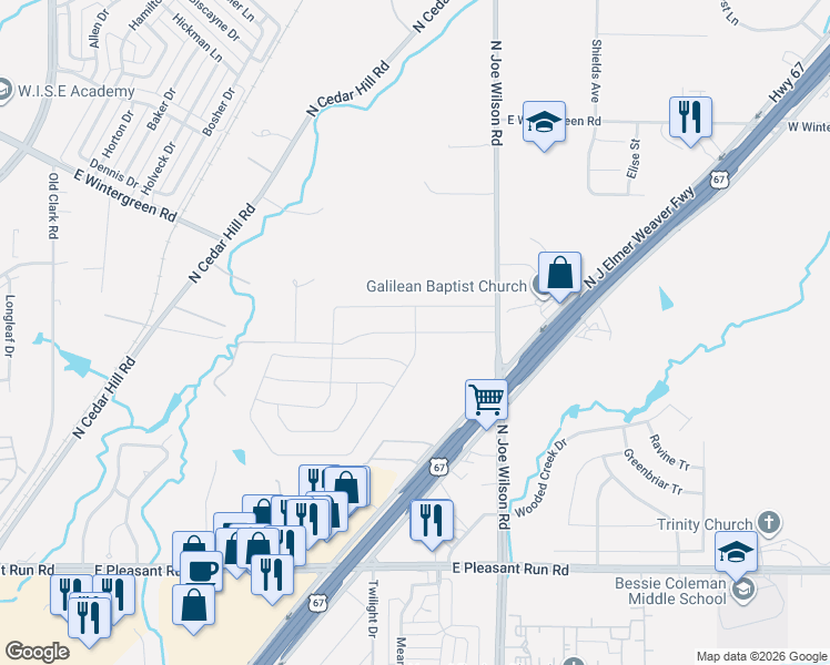 map of restaurants, bars, coffee shops, grocery stores, and more near 894 Shady Brook Lane in Cedar Hill