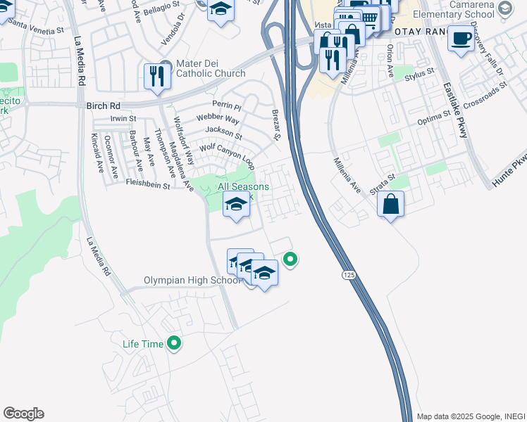 map of restaurants, bars, coffee shops, grocery stores, and more near 1828 Peabody Way in Chula Vista