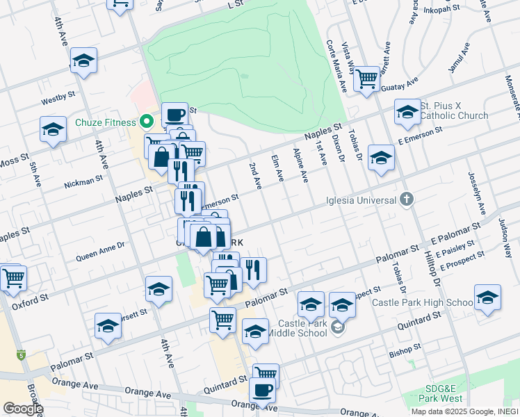 map of restaurants, bars, coffee shops, grocery stores, and more near 216 Oxford Street in Chula Vista