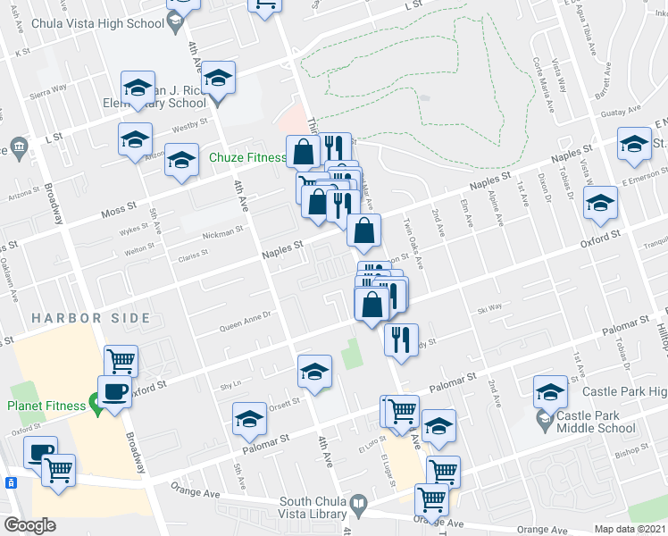 map of restaurants, bars, coffee shops, grocery stores, and more near 1162 3rd Avenue in Chula Vista