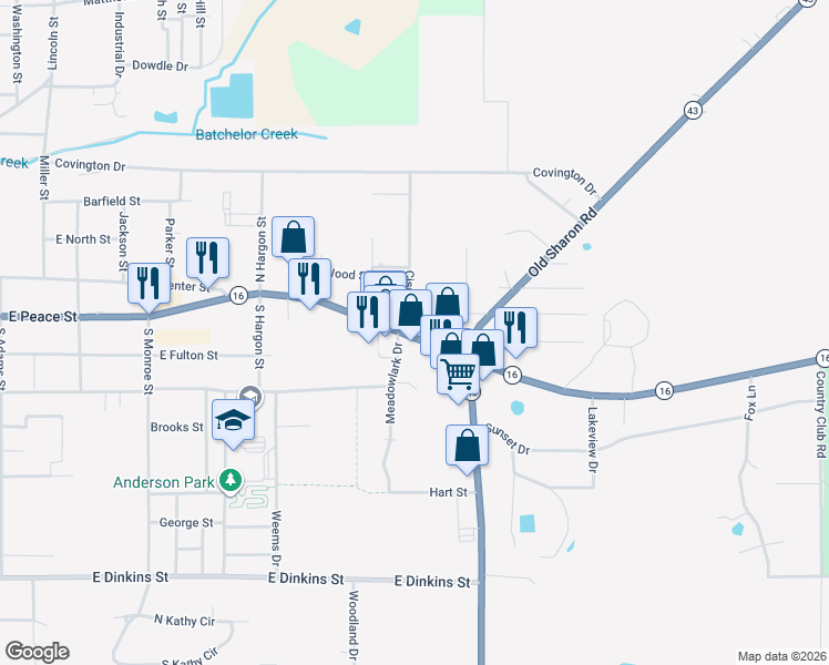 map of restaurants, bars, coffee shops, grocery stores, and more near 1104 East Peace Street in Canton
