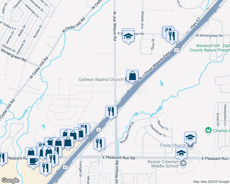map of restaurants, bars, coffee shops, grocery stores, and more near 1392 Shady Brook Lane in Cedar Hill