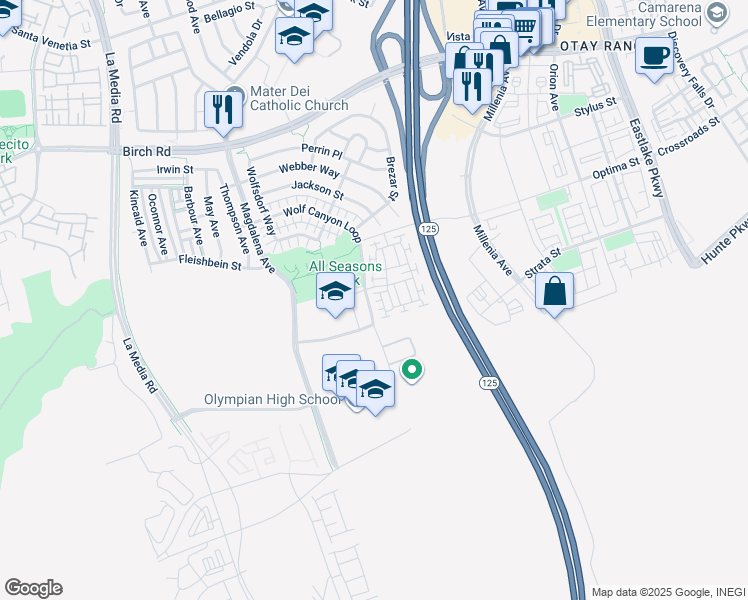map of restaurants, bars, coffee shops, grocery stores, and more near 1812 Olive Green Street in Chula Vista