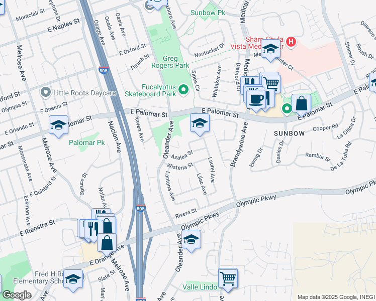 map of restaurants, bars, coffee shops, grocery stores, and more near 1398 Lilac Avenue in Chula Vista