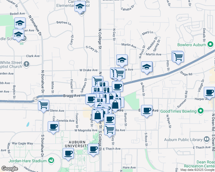 map of restaurants, bars, coffee shops, grocery stores, and more near 401 North Gay Street in Auburn