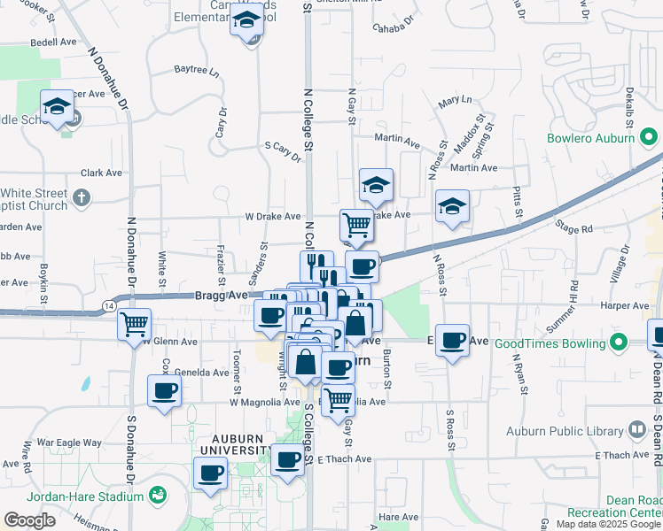 map of restaurants, bars, coffee shops, grocery stores, and more near 401 North Gay Street in Auburn