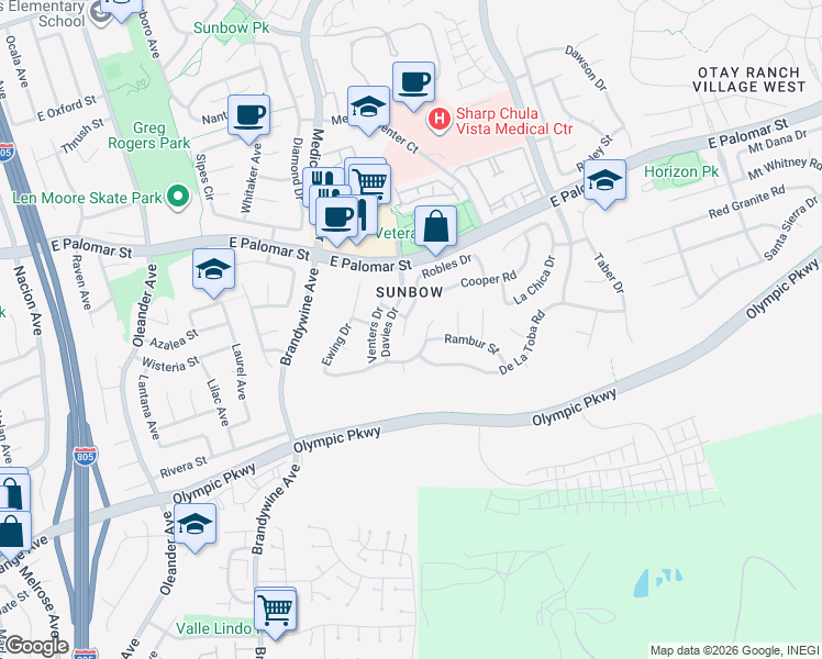 map of restaurants, bars, coffee shops, grocery stores, and more near 1505 Robles Drive in Chula Vista
