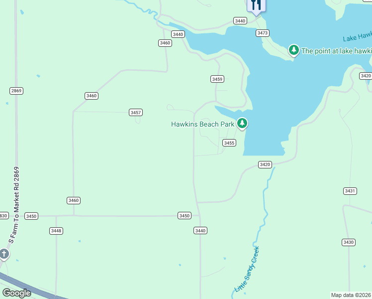 map of restaurants, bars, coffee shops, grocery stores, and more near 855 County Road 3440 in Hawkins
