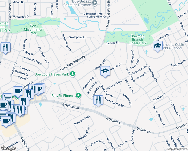 map of restaurants, bars, coffee shops, grocery stores, and more near 8106 Atlas Drive in Arlington