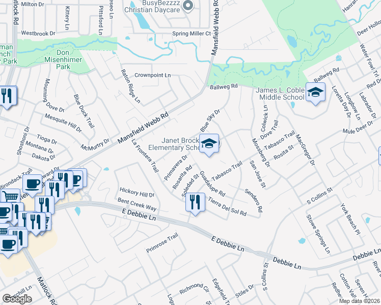 map of restaurants, bars, coffee shops, grocery stores, and more near 8106 Atlas Drive in Arlington