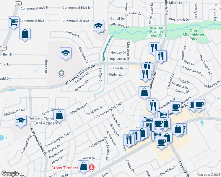 map of restaurants, bars, coffee shops, grocery stores, and more near 3020 Saint Amanda Drive in Mansfield