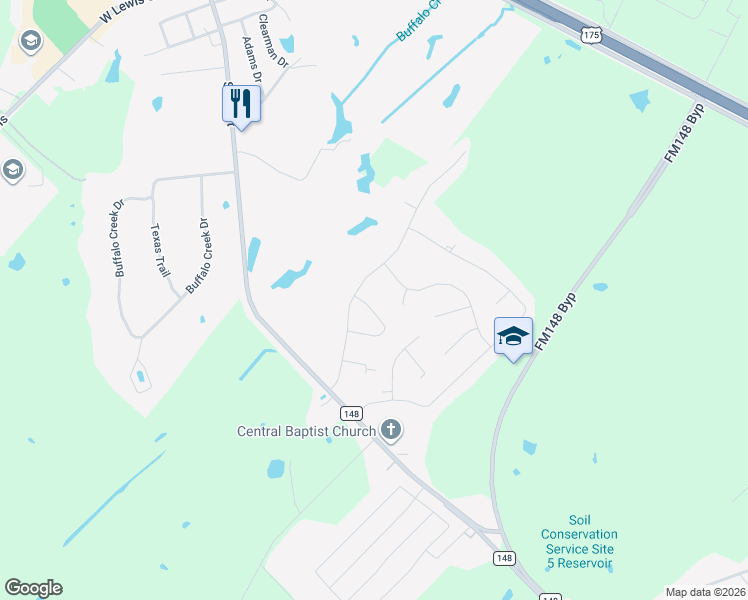 map of restaurants, bars, coffee shops, grocery stores, and more near 314 Creekview Circle in Crandall
