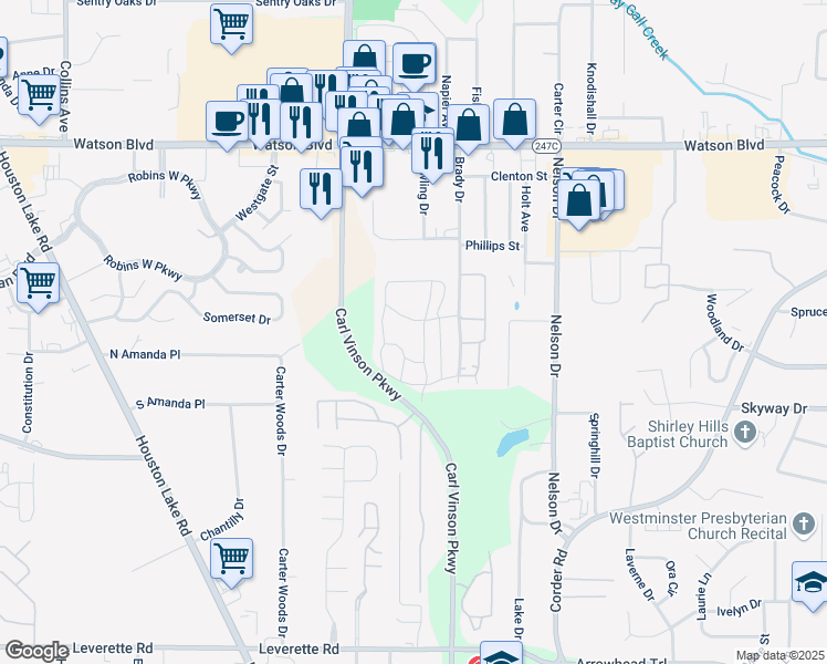 map of restaurants, bars, coffee shops, grocery stores, and more near King Richard Drive in Warner Robins