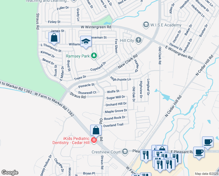 map of restaurants, bars, coffee shops, grocery stores, and more near 408 Wolfe Street in Cedar Hill