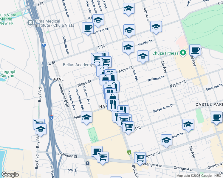 map of restaurants, bars, coffee shops, grocery stores, and more near 1051 Broadway in Chula Vista
