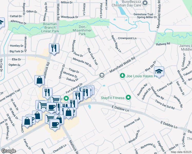 map of restaurants, bars, coffee shops, grocery stores, and more near 400 McMurtry Drive in Arlington