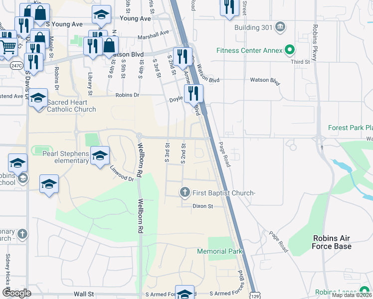 map of restaurants, bars, coffee shops, grocery stores, and more near 508 South 2nd Street in Warner Robins