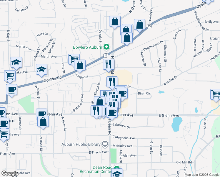 map of restaurants, bars, coffee shops, grocery stores, and more near 739 Mercer Circle in Auburn