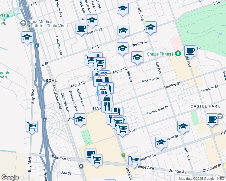 map of restaurants, bars, coffee shops, grocery stores, and more near 566 Naples Street in Chula Vista