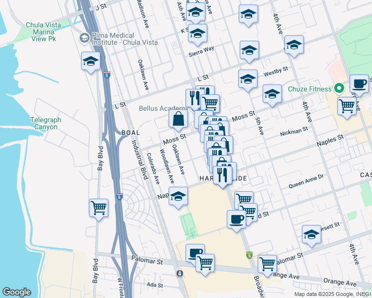 map of restaurants, bars, coffee shops, grocery stores, and more near 628 Crested Butte Street in Chula Vista