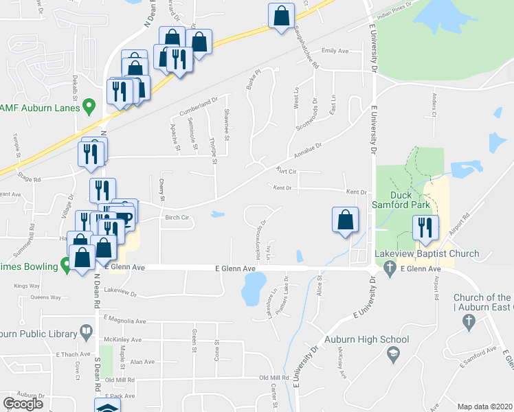 map of restaurants, bars, coffee shops, grocery stores, and more near 370 Butternut Drive in Auburn
