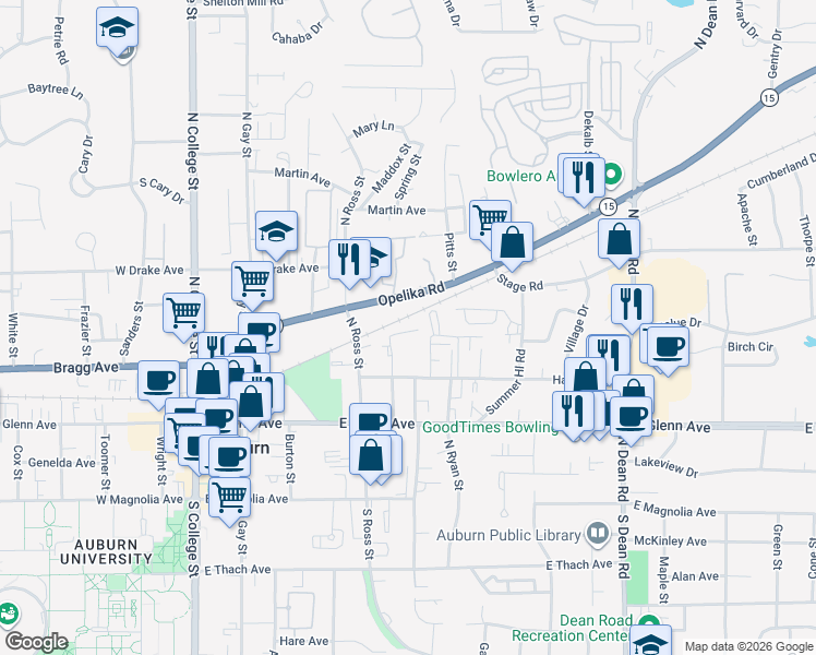 map of restaurants, bars, coffee shops, grocery stores, and more near 427 Harper Avenue in Auburn