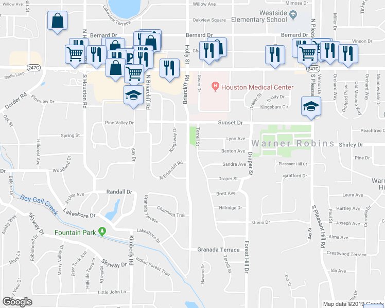 map of restaurants, bars, coffee shops, grocery stores, and more near 218 Briarcliff Road in Warner Robins