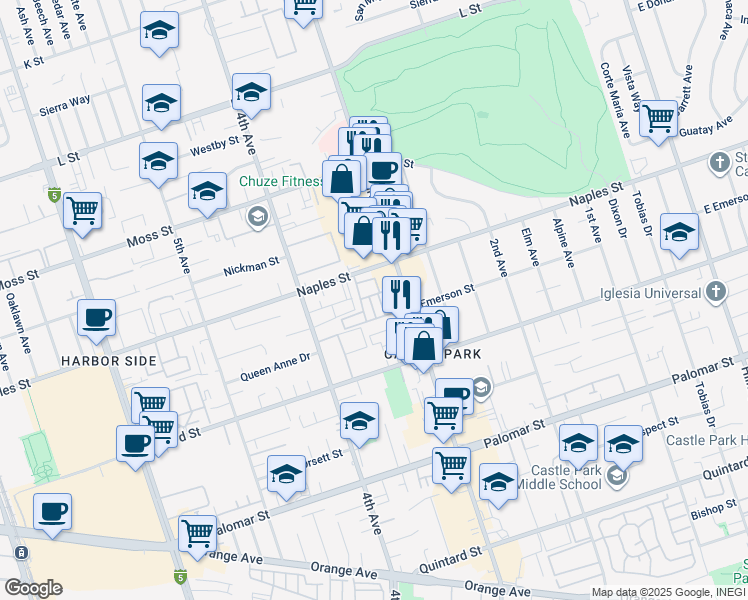 map of restaurants, bars, coffee shops, grocery stores, and more near in Chula Vista