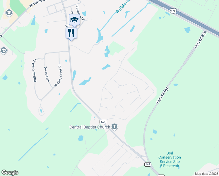 map of restaurants, bars, coffee shops, grocery stores, and more near 124 Creekview Lane in Crandall