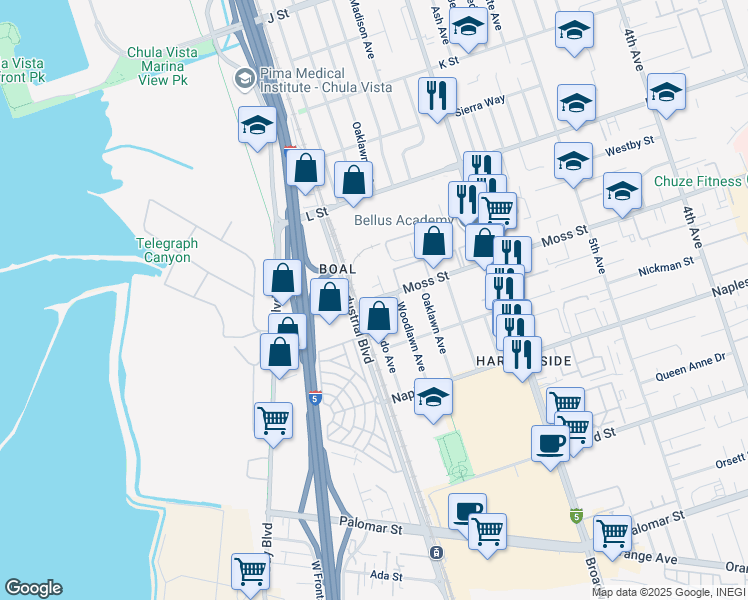map of restaurants, bars, coffee shops, grocery stores, and more near 652 Moss Street in Chula Vista