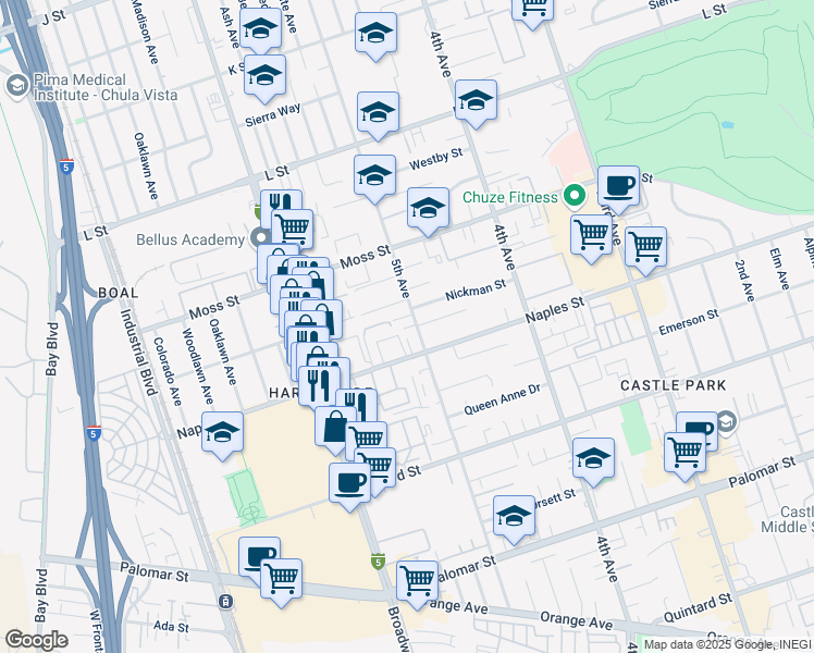map of restaurants, bars, coffee shops, grocery stores, and more near 1070 5th Avenue in Chula Vista