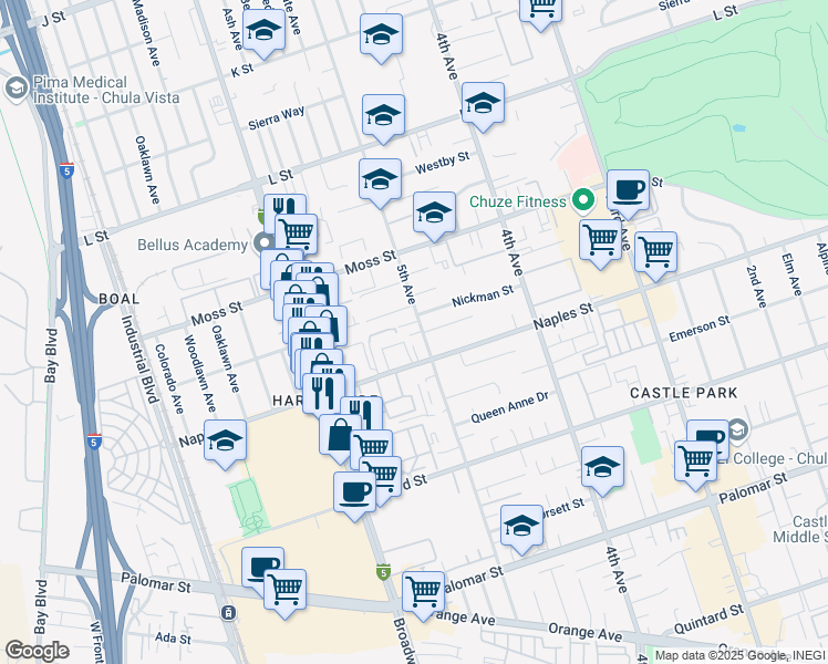 map of restaurants, bars, coffee shops, grocery stores, and more near 1046 5th Avenue in Chula Vista