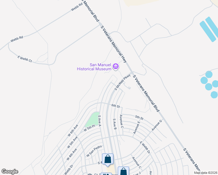 map of restaurants, bars, coffee shops, grocery stores, and more near 107 South Avenue A in San Manuel