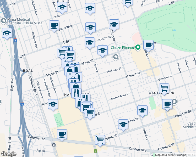 map of restaurants, bars, coffee shops, grocery stores, and more near 1070 5th Avenue in Chula Vista