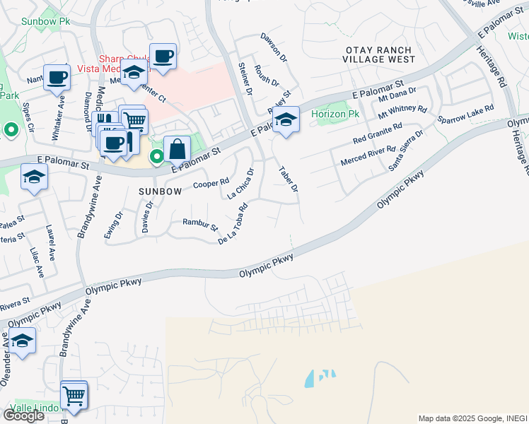 map of restaurants, bars, coffee shops, grocery stores, and more near 842 De La Toba Road in Chula Vista