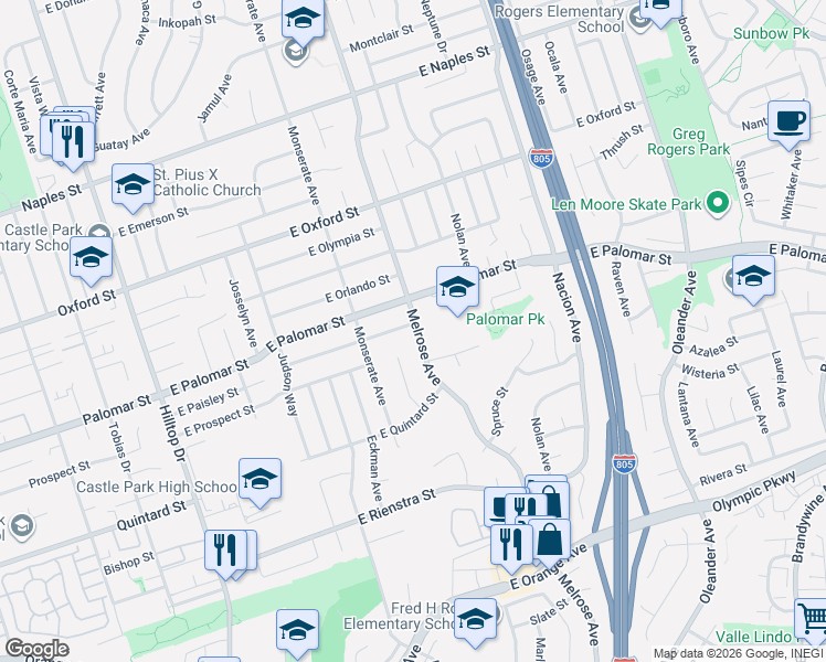 map of restaurants, bars, coffee shops, grocery stores, and more near 238 East Palomar Street in Chula Vista