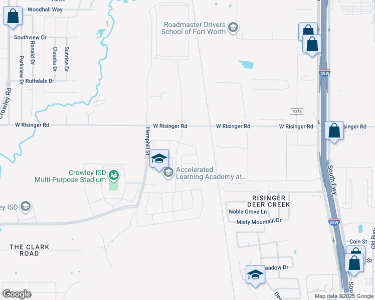 map of restaurants, bars, coffee shops, grocery stores, and more near 931-1099 West Risinger Road in Crowley
