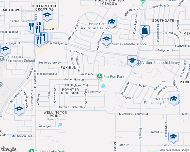 map of restaurants, bars, coffee shops, grocery stores, and more near 8779 Cove Meadow Lane in Fort Worth