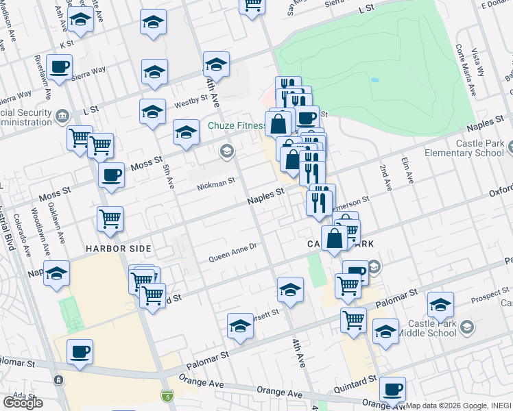 map of restaurants, bars, coffee shops, grocery stores, and more near 1105 4th Avenue in Chula Vista