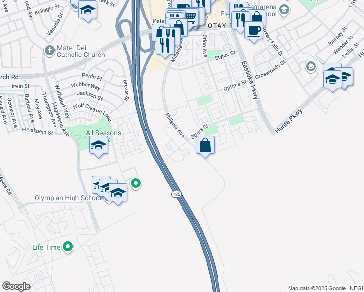 map of restaurants, bars, coffee shops, grocery stores, and more near 1902 Millenia Avenue in Chula Vista