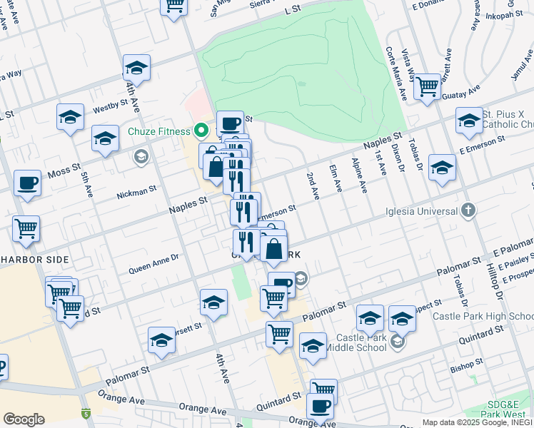 map of restaurants, bars, coffee shops, grocery stores, and more near 274 Emerson Street in Chula Vista