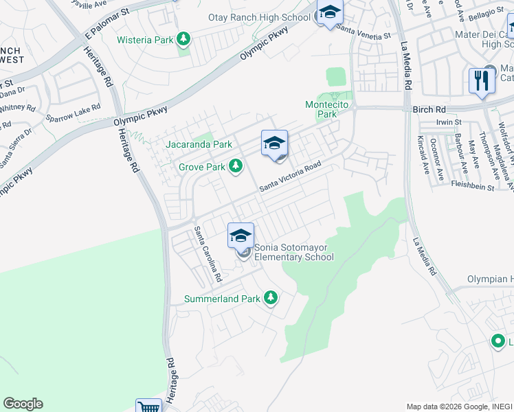 map of restaurants, bars, coffee shops, grocery stores, and more near 1336 Santa Victoria Road in Chula Vista