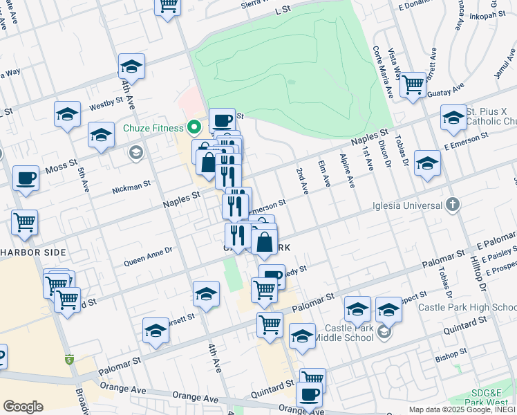 map of restaurants, bars, coffee shops, grocery stores, and more near 1130 Del Mar Avenue in Chula Vista