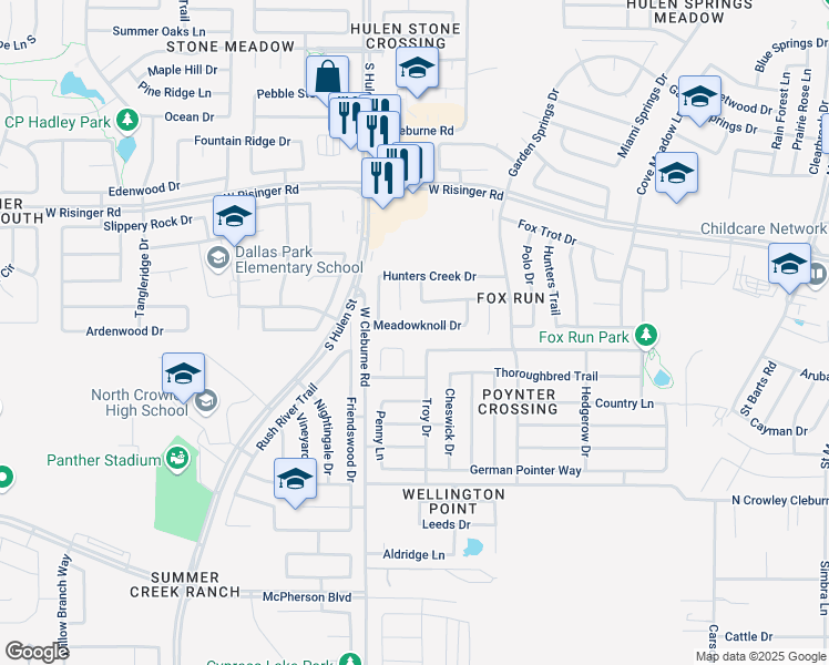 map of restaurants, bars, coffee shops, grocery stores, and more near 4229 Gray Fox Drive in Fort Worth