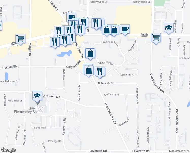 map of restaurants, bars, coffee shops, grocery stores, and more near 100 Grove Lane in Warner Robins