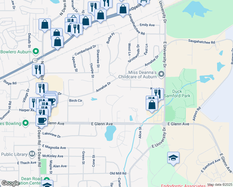 map of restaurants, bars, coffee shops, grocery stores, and more near 1250 Annalue Drive in Auburn