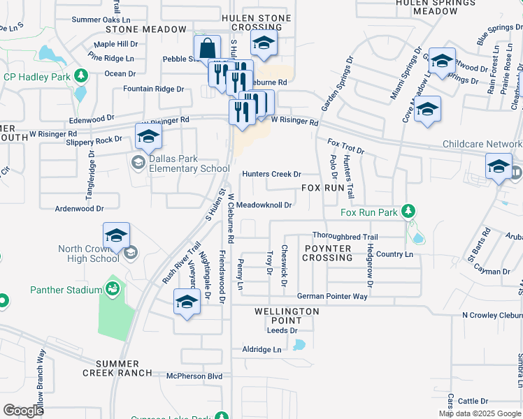 map of restaurants, bars, coffee shops, grocery stores, and more near 4229 Gray Fox Drive in Fort Worth