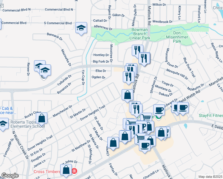 map of restaurants, bars, coffee shops, grocery stores, and more near 3021 Saint Joseph Drive in Mansfield