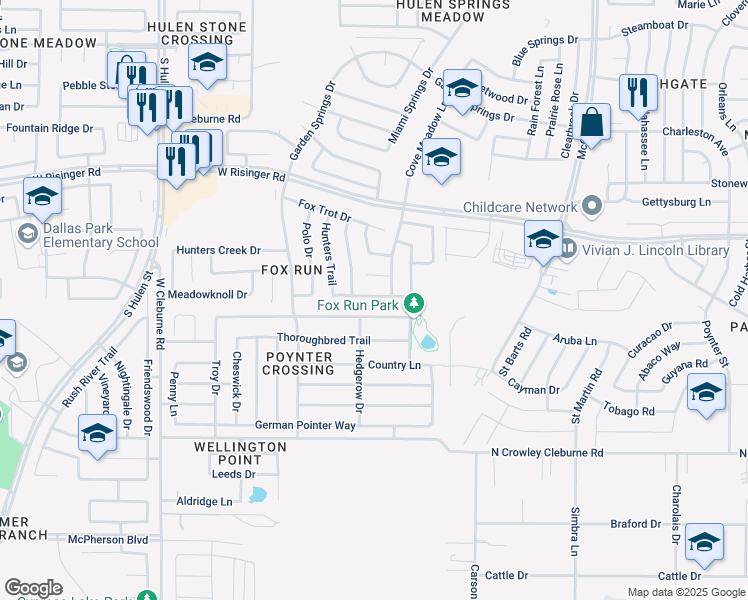 map of restaurants, bars, coffee shops, grocery stores, and more near 3917 Fox Run Drive in Fort Worth